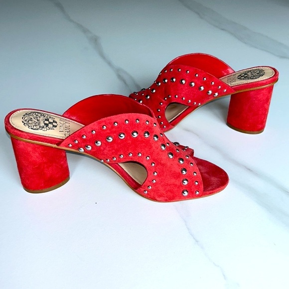 Vince Camuto Red Chunky Heel Mules with Silver Studs - Picture 3 of 11